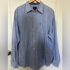 American Eagle Outfitters Navy and White Striped Button-Down Shirt